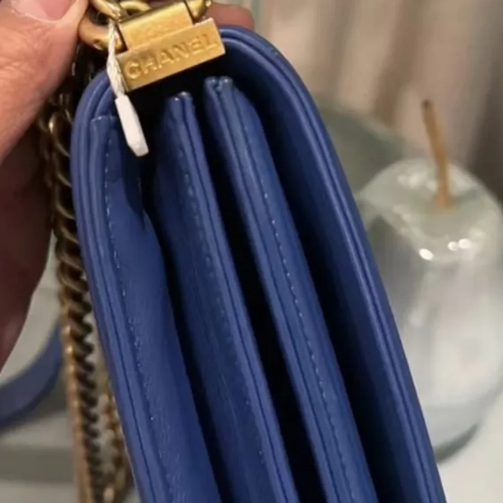 Chanel Boy North South Vertical Bag Blue Quilted Lambskin Gold HardwareAuthentic - Picture 8 of 17